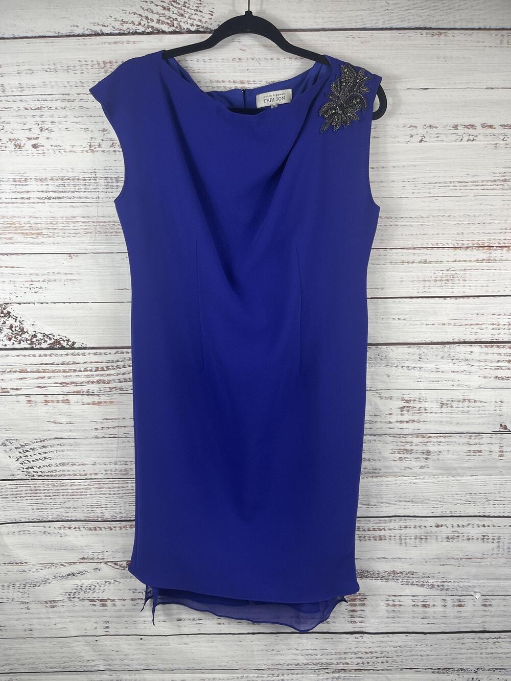 Teri Jon Dress Women's 10 Blue Beaded Shoulder Draped Sheath Cocktail Cowl Neck